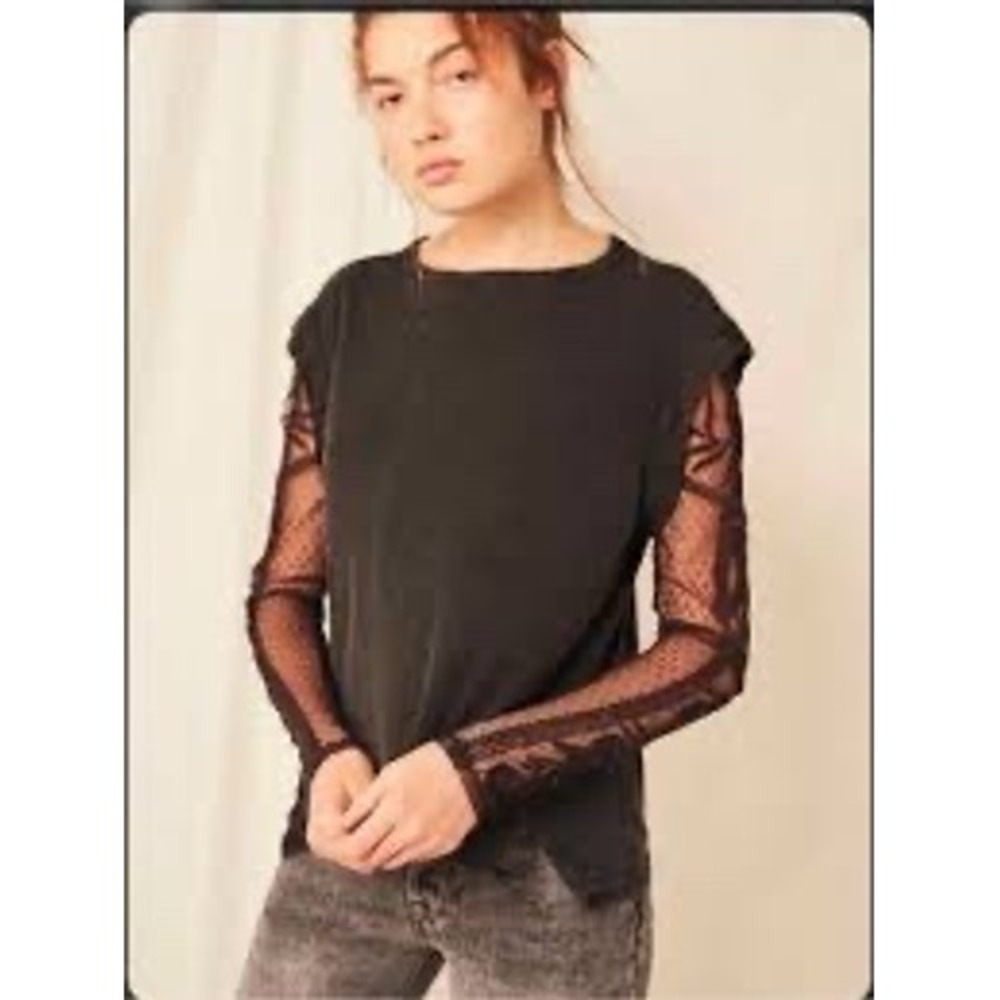 Free People Billie Jean Twofer Top Black Floral Lace Sleeve Cotton Blend Small